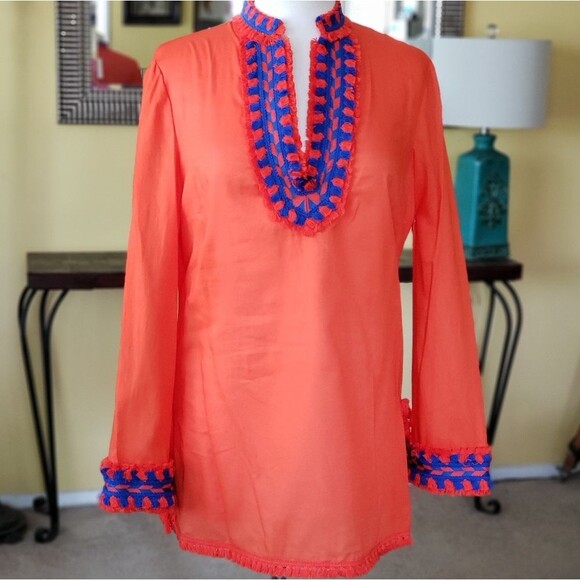 Tory Burch Samba Fringe Trim Tunic/Top Orange Blue Size 6 - Picture 2 of 8